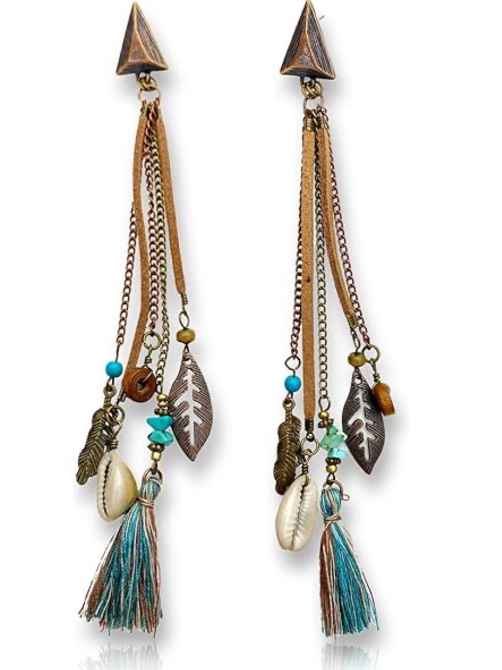 Teal and Brown Tassel Feather Dangle Earrings